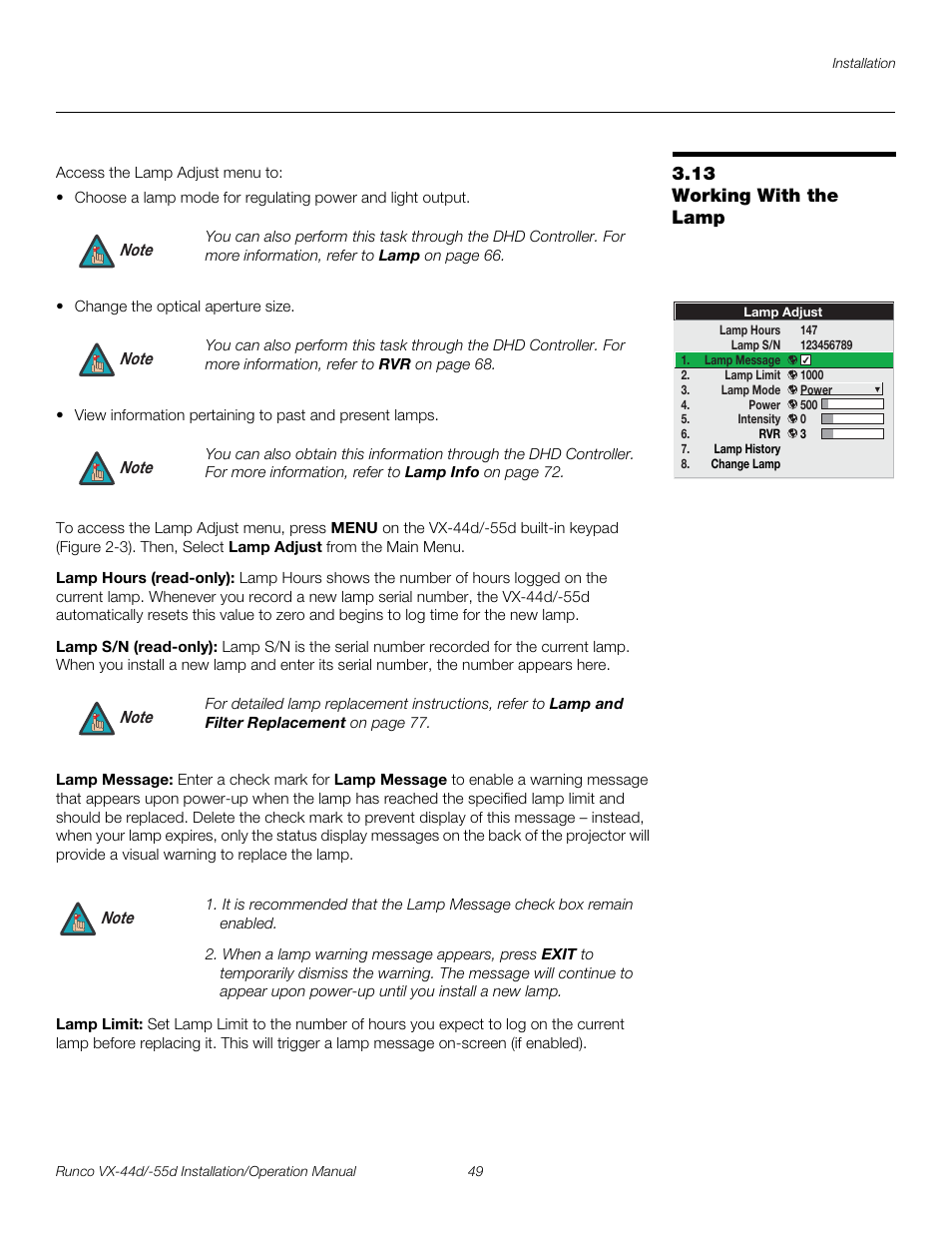 13 working with the lamp, Lamp hours (read-only), Lamp s/n (read-only) | Lamp message, Lamp limit, Working with the lamp, Pre l iminar y | Runco VX-44D User Manual | Page 65 / 120