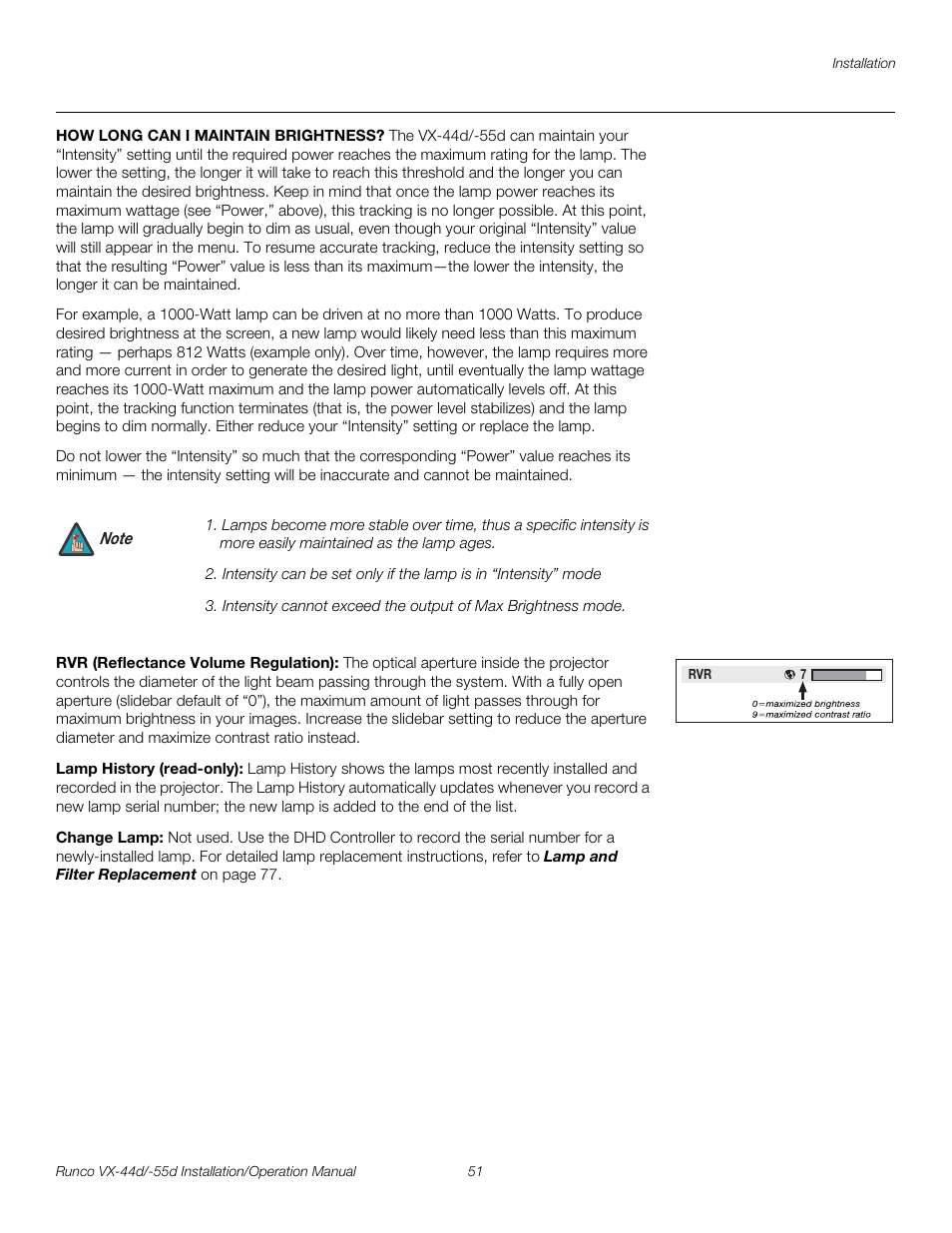 Rvr (reflectance volume regulation), Lamp history (read-only), Change lamp | Pre l iminar y | Runco VX-44D User Manual | Page 67 / 120