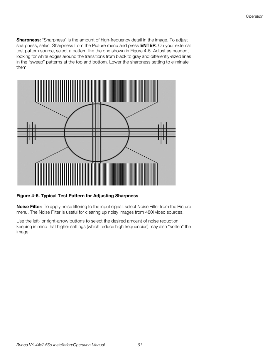 Sharpness, Noise filter, 5. typical test pattern for adjusting sharpness | Pre l iminar y | Runco VX-44D User Manual | Page 77 / 120