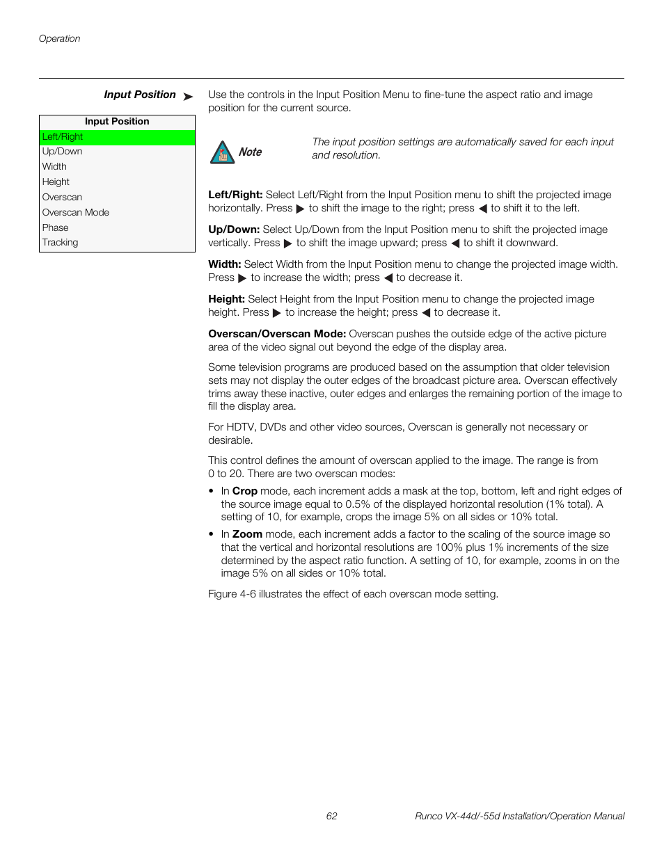 Input position, Left/right, Up/down | Width, Height, Overscan/overscan mode, Pre l iminar y | Runco VX-44D User Manual | Page 78 / 120