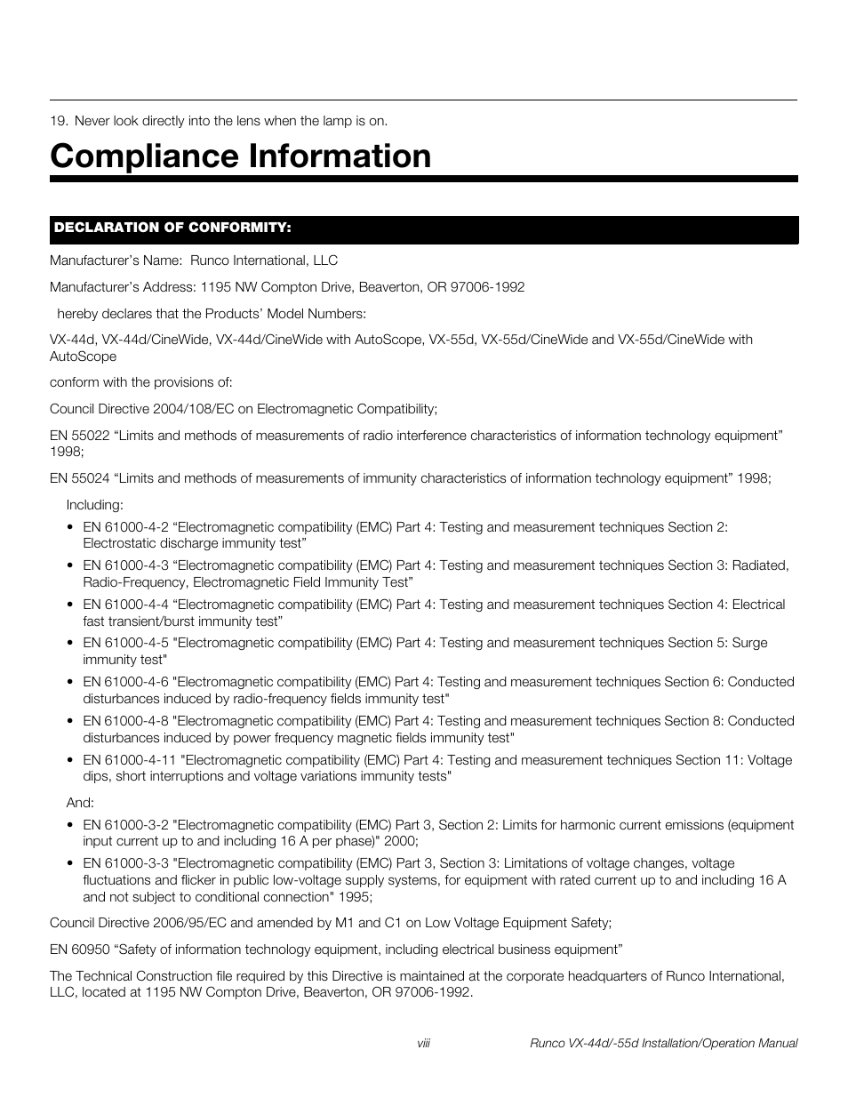 Compliance information, Pre l iminar y | Runco VX-44D User Manual | Page 8 / 120