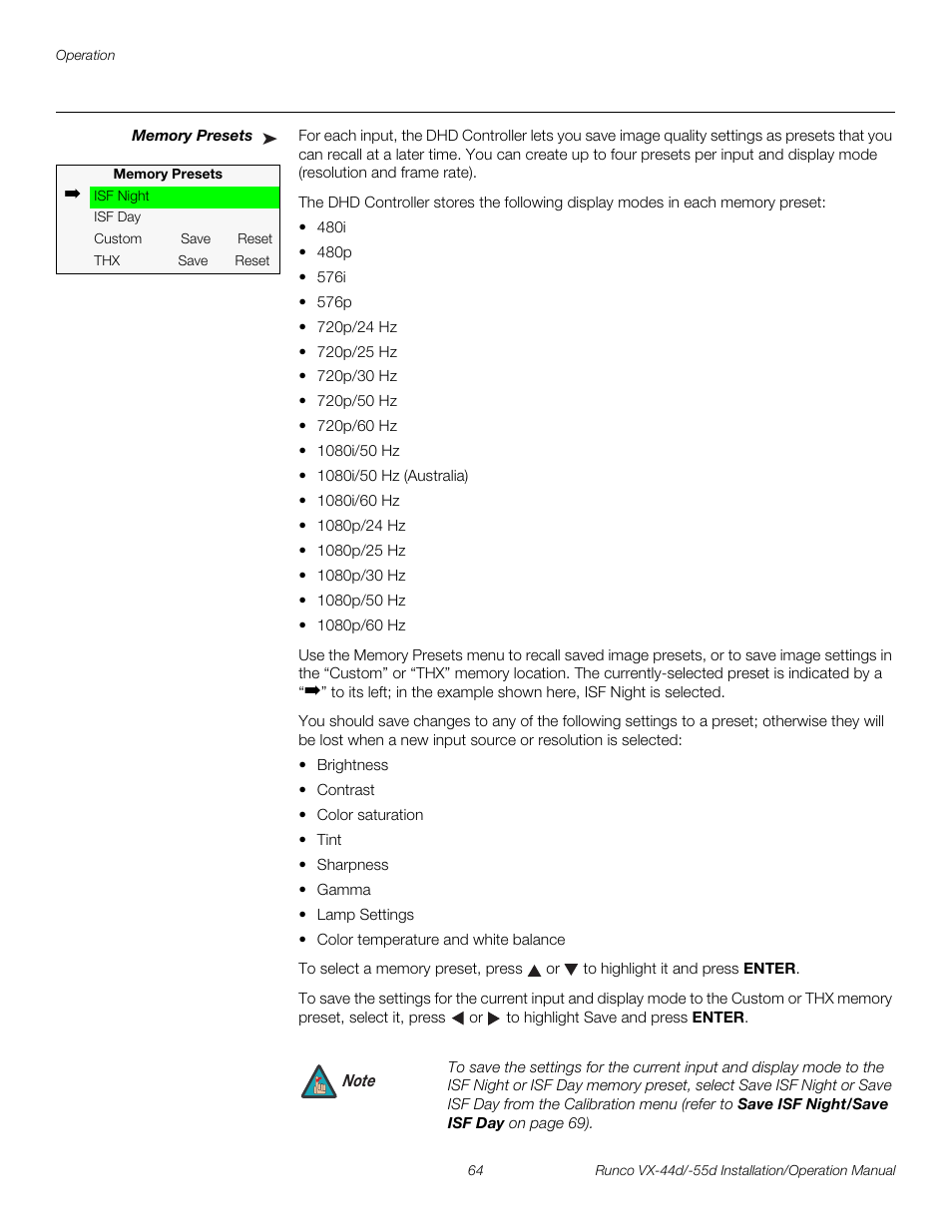 Memory presets, Pre l iminar y | Runco VX-44D User Manual | Page 80 / 120