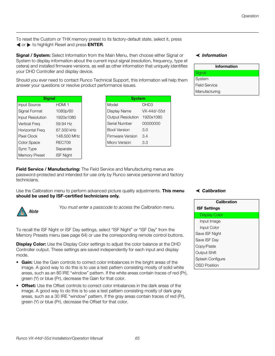 Information, Signal / system, Field service / manufacturing | Calibration, Display color, Pre l iminar y | Runco VX-44D User Manual | Page 81 / 120