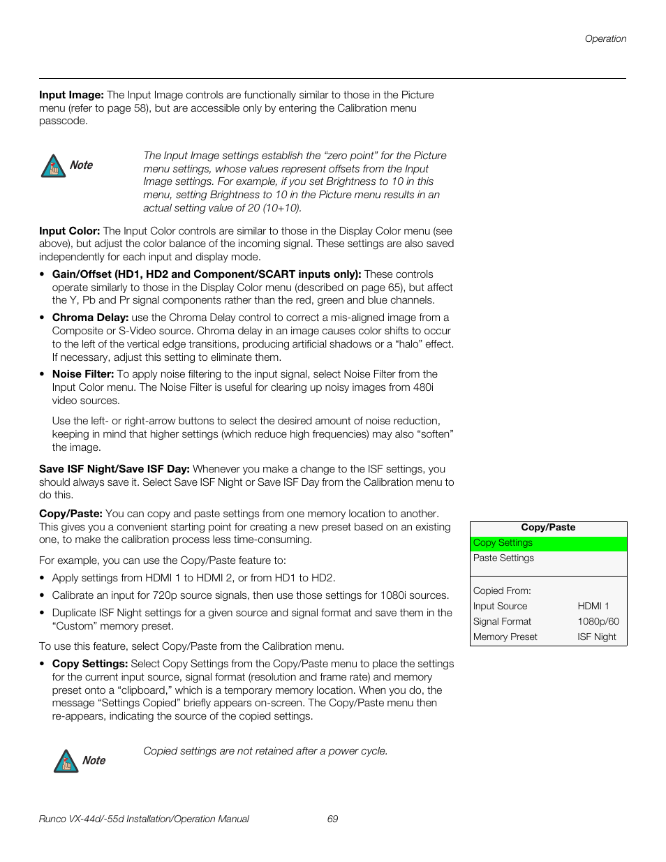 Input image, Input color, Save isf night/save isf day | Copy/paste, H 69, Pre l iminar y | Runco VX-44D User Manual | Page 85 / 120