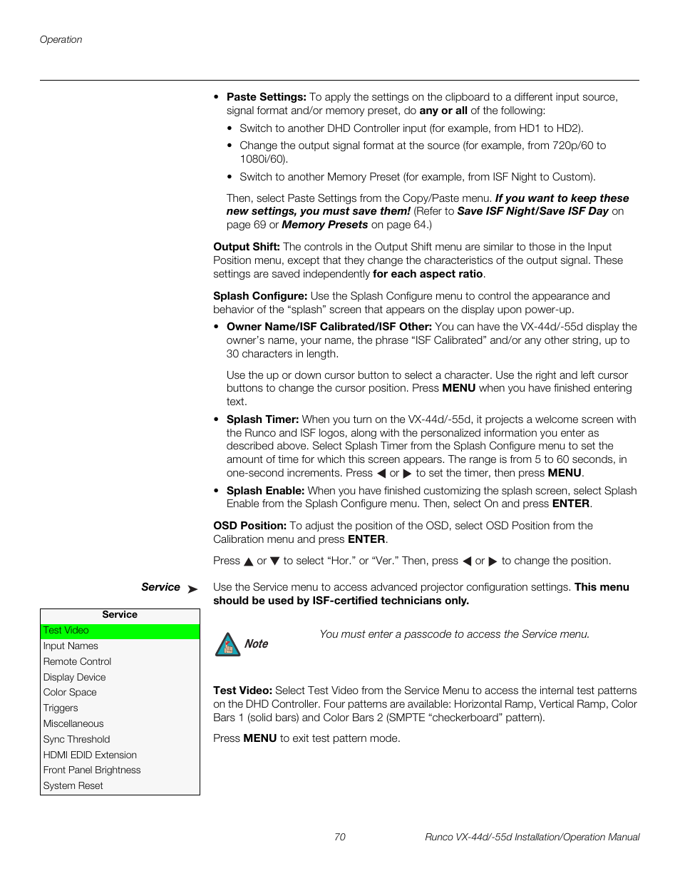 Output shift, Splash configure, Osd position | Service, Test video, Pre l iminar y | Runco VX-44D User Manual | Page 86 / 120