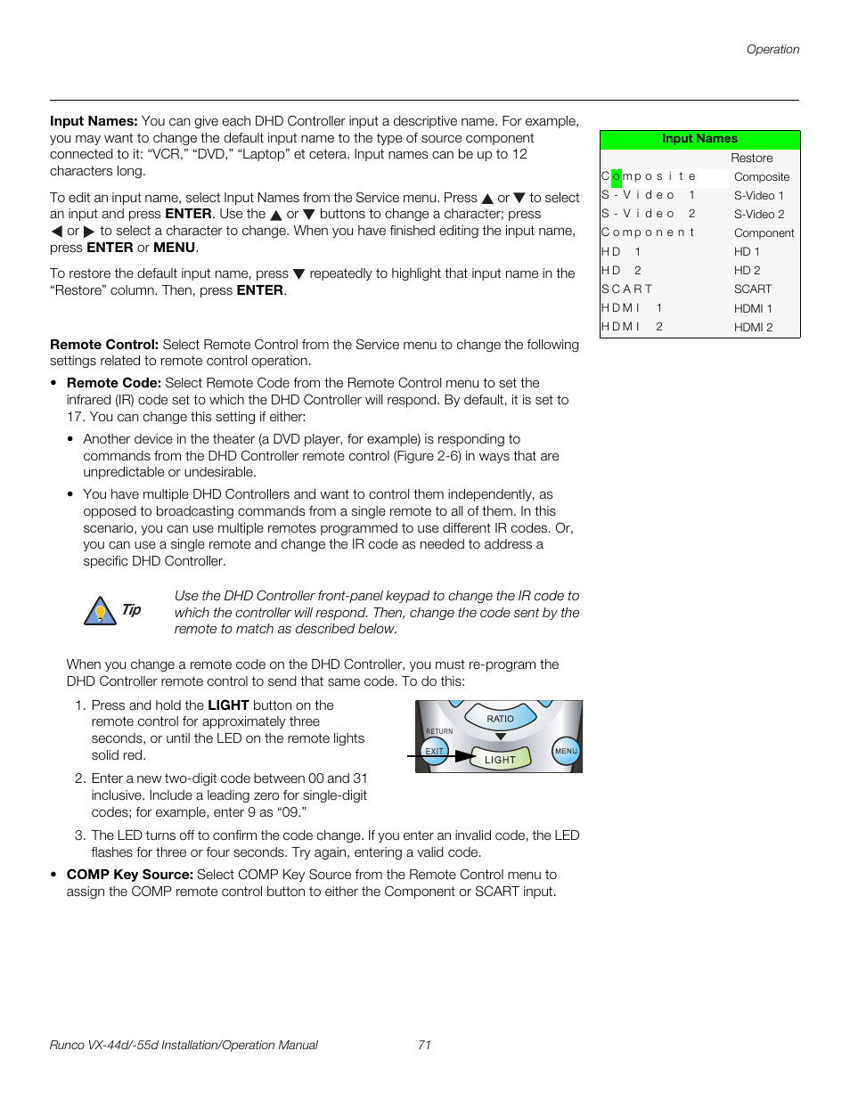 Input names, Remote control, Pre l iminar y | Runco VX-44D User Manual | Page 87 / 120