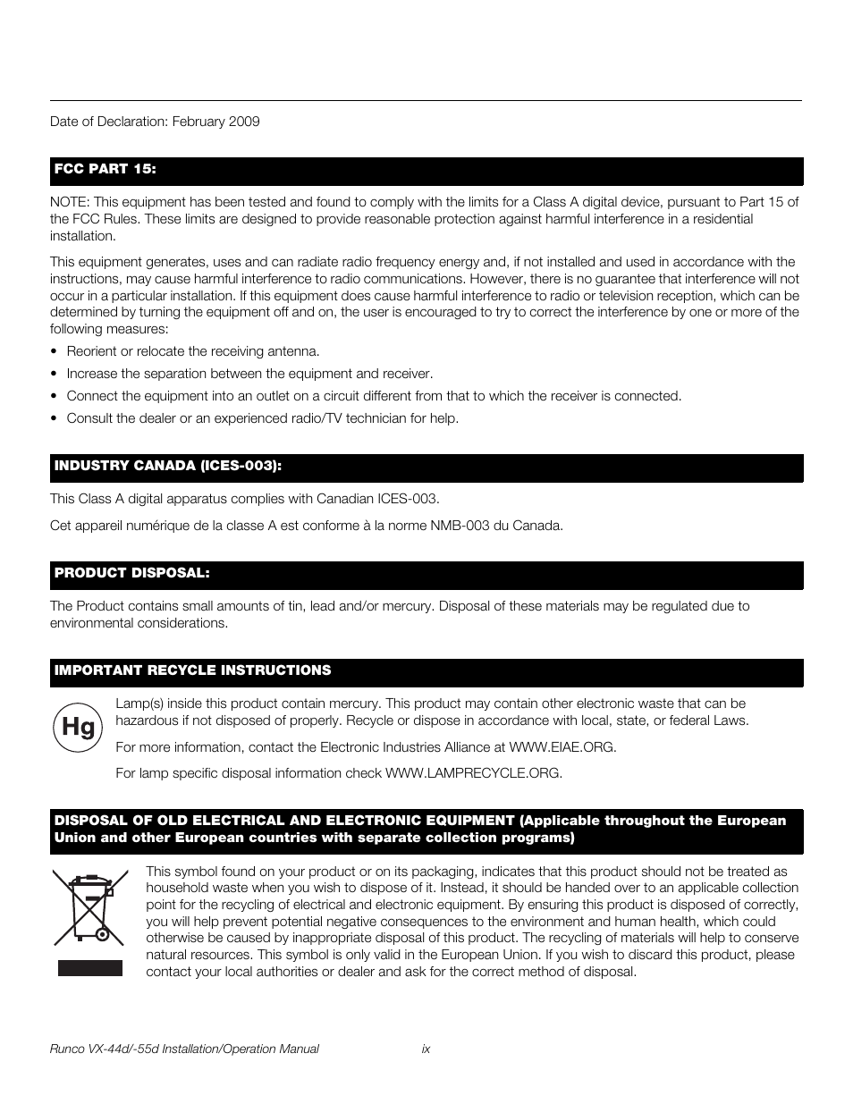 Pre l iminar y | Runco VX-44D User Manual | Page 9 / 120