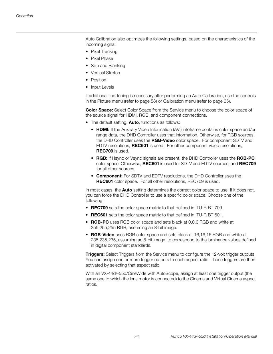 Color space, Triggers, Pre l iminar y | Runco VX-44D User Manual | Page 90 / 120