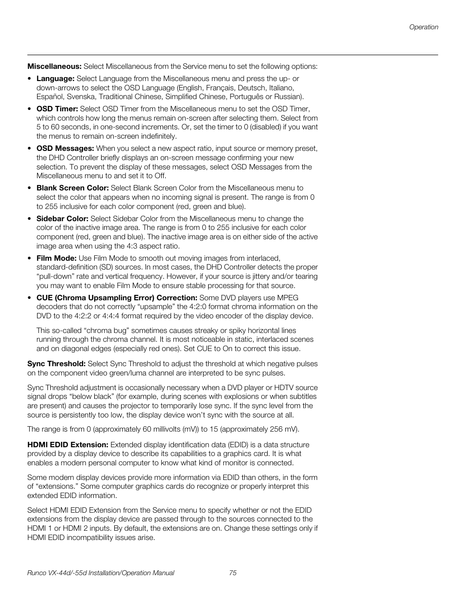 Miscellaneous, Sync threshold, Hdmi edid extension | Pre l iminar y | Runco VX-44D User Manual | Page 91 / 120