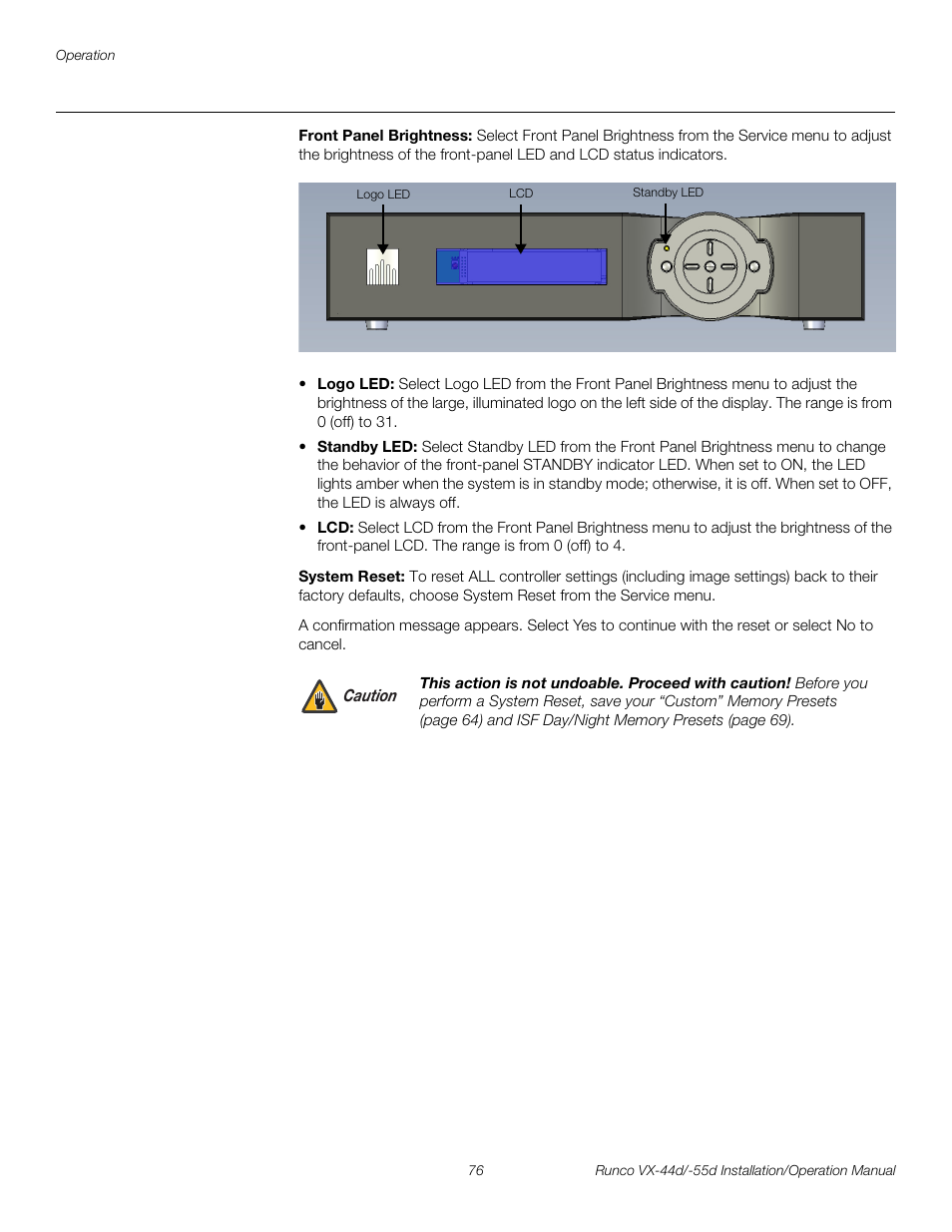 Front panel brightness, System reset, Pre l iminar y | Runco VX-44D User Manual | Page 92 / 120