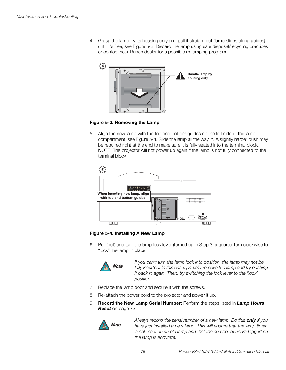 Figure 5-3 . removing the lamp, Figure 5-4 . installing a new lamp, 3. removing the lamp | 4. installing a new lamp, Pre l iminar y | Runco VX-44D User Manual | Page 94 / 120