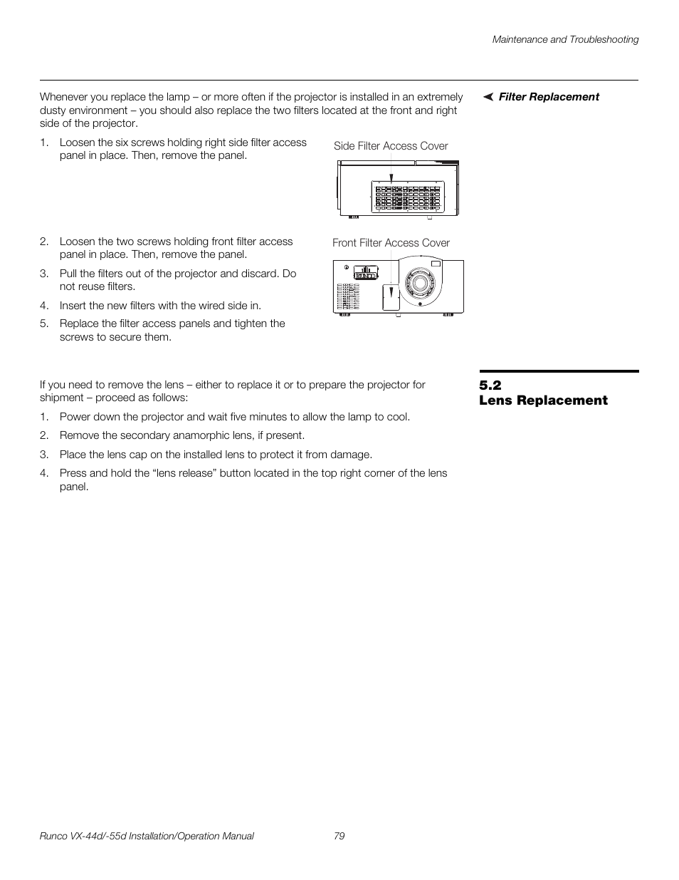 Filter replacement, 2 lens replacement, Lens replacement | Pre l iminar y | Runco VX-44D User Manual | Page 95 / 120