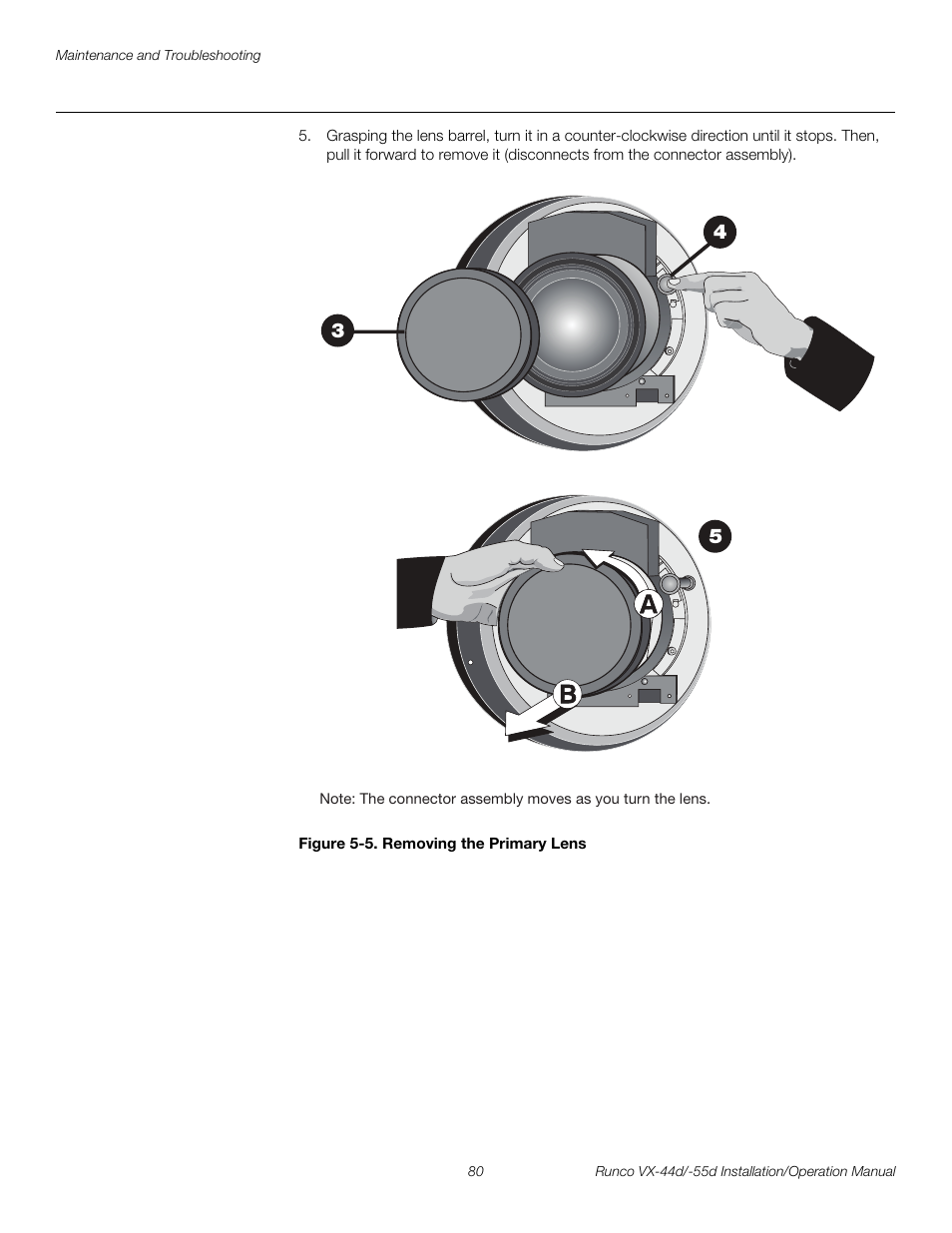 Figure 5-5 . removing the primary lens, 5. removing the primary lens, Pre l iminar y | Runco VX-44D User Manual | Page 96 / 120