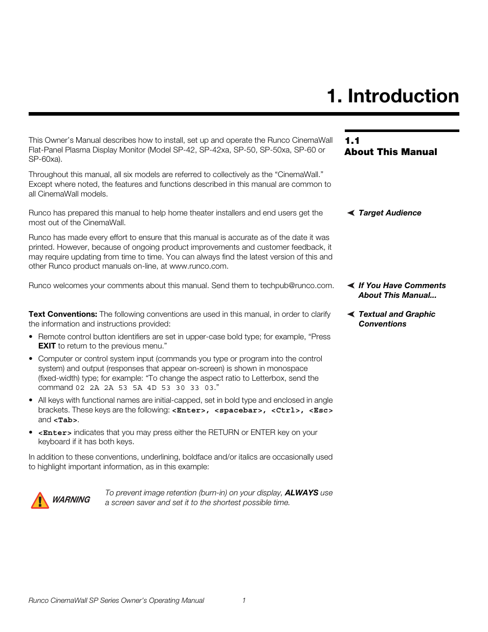 Introduction, 1 about this manual, Target audience | If you have comments about this manual, Textual and graphic conventions, Text conventions, About this manual, Pre l iminar y | Runco SP-42 User Manual | Page 11 / 84