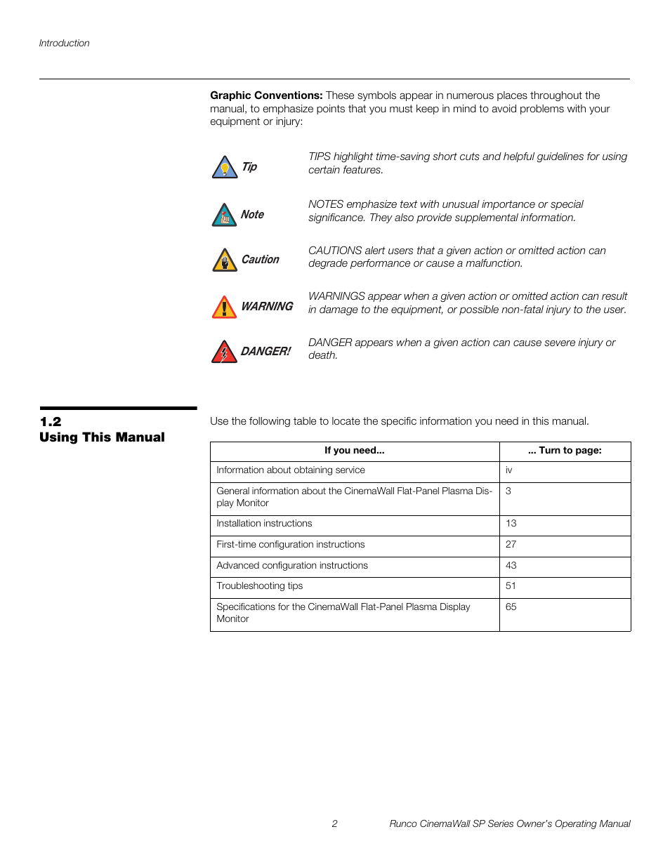 Graphic conventions, 2 using this manual, Using this manual | Pre l iminar y | Runco SP-42 User Manual | Page 12 / 84