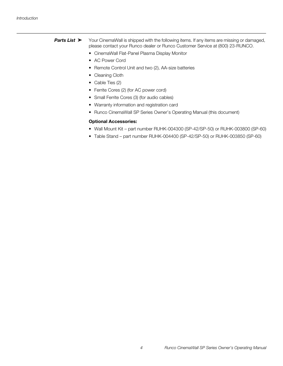 Parts list, Optional accessories, Pre l iminar y | Runco SP-42 User Manual | Page 14 / 84