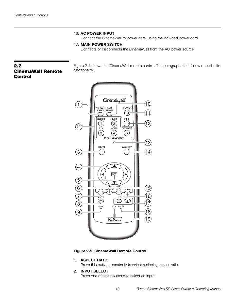 2 cinemawall remote control, Figure 2-5 . cinemawall remote control, Cinemawall remote control | 5. cinemawall remote control, Pre l iminar y | Runco SP-42 User Manual | Page 20 / 84
