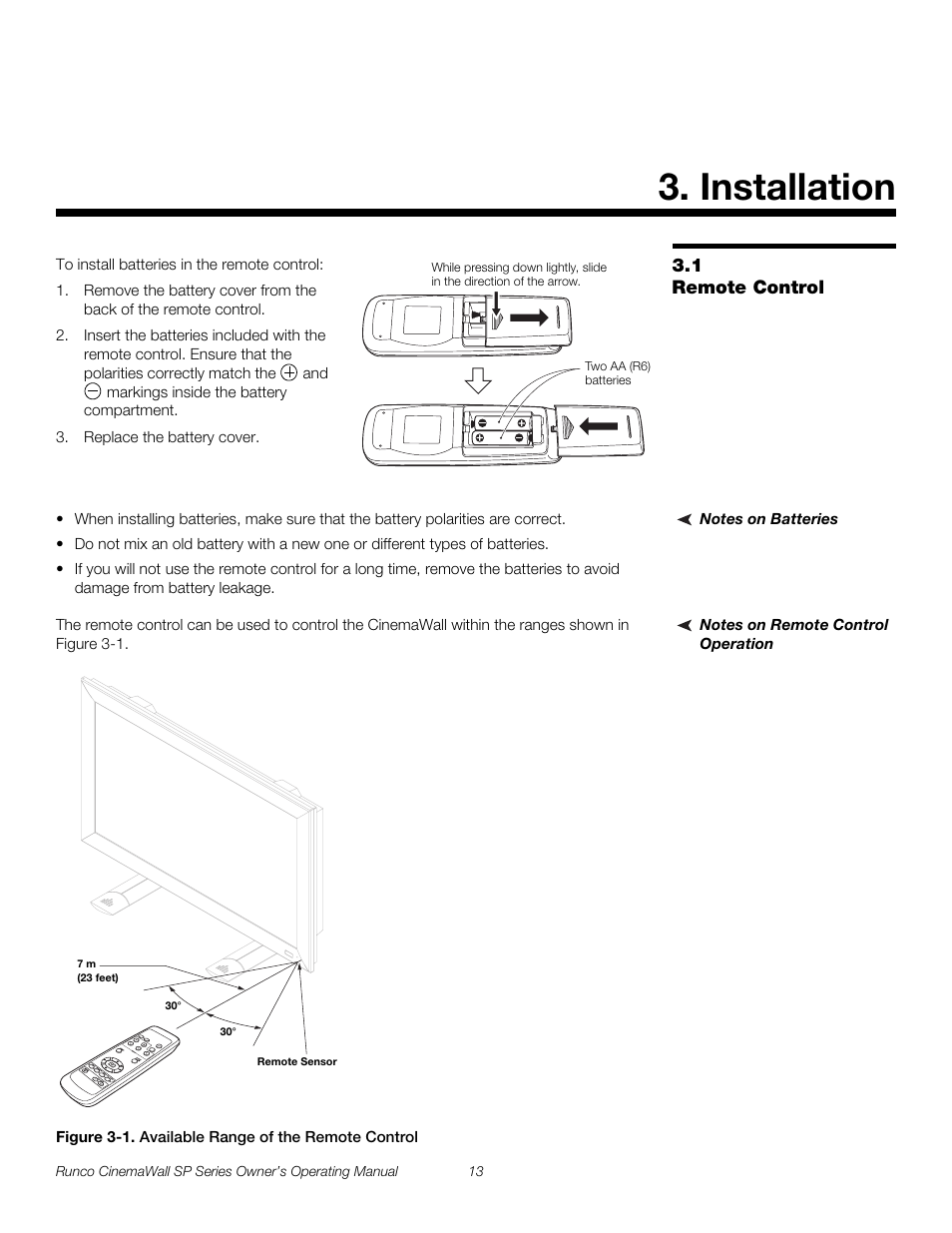 Installation, 1 remote control, Notes on batteries | Notes on remote control operation, Figure 3-1 . available range of the remote control, Remote control, 1. available range of the remote control, Pre l iminar y | Runco SP-42 User Manual | Page 23 / 84