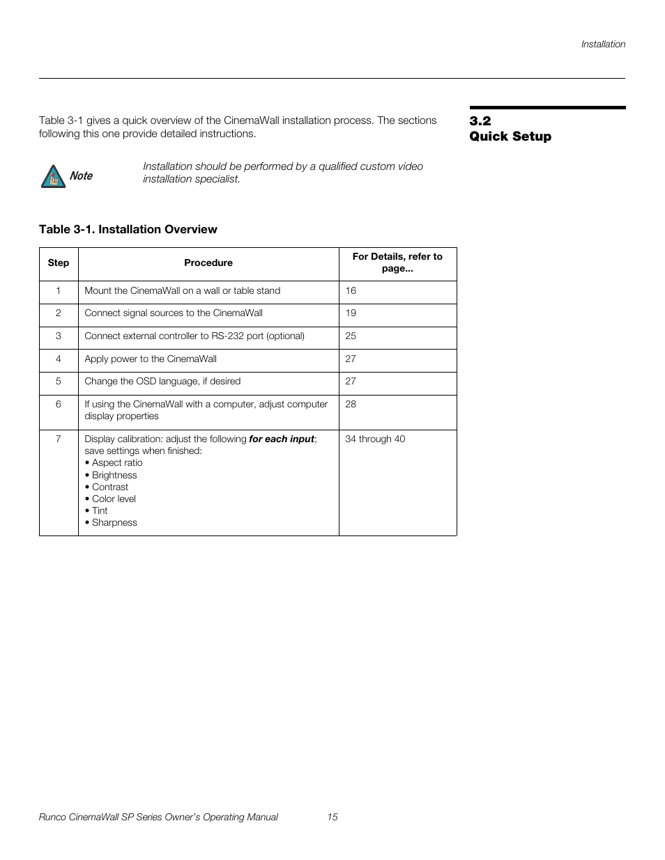 2 quick setup, Table 3-1 . installation overview, Quick setup | Pre l iminar y | Runco SP-42 User Manual | Page 25 / 84