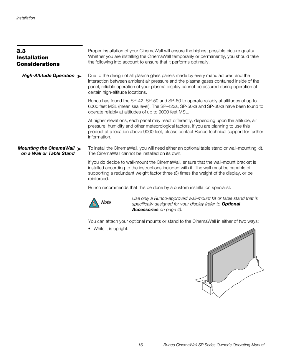 3 installation considerations, High-altitude operation, Mounting the cinemawall on a wall or table stand | Installation considerations, Pre l iminar y | Runco SP-42 User Manual | Page 26 / 84