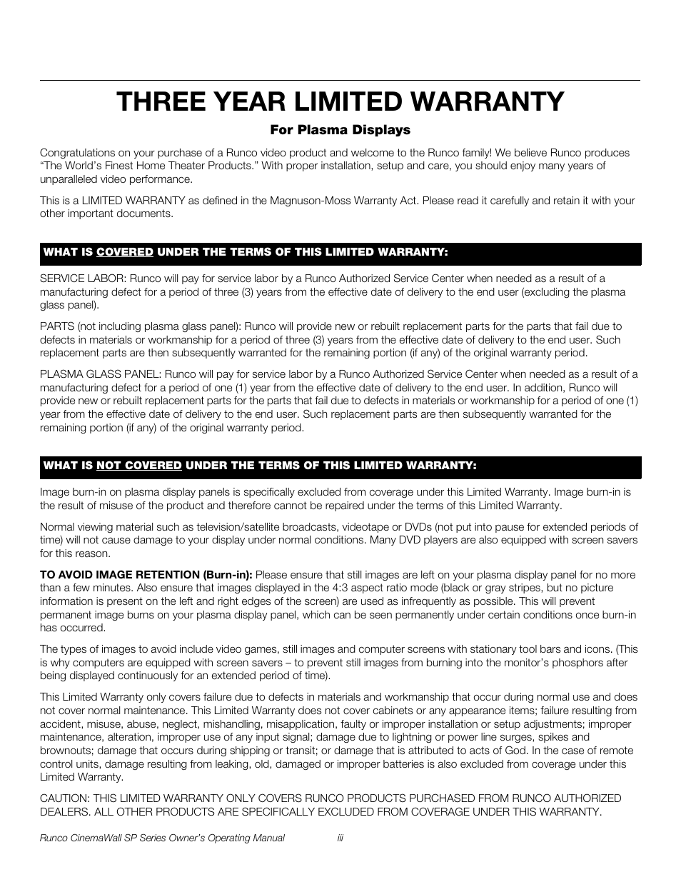 Three year limited warranty, Pre l iminar y | Runco SP-42 User Manual | Page 3 / 84