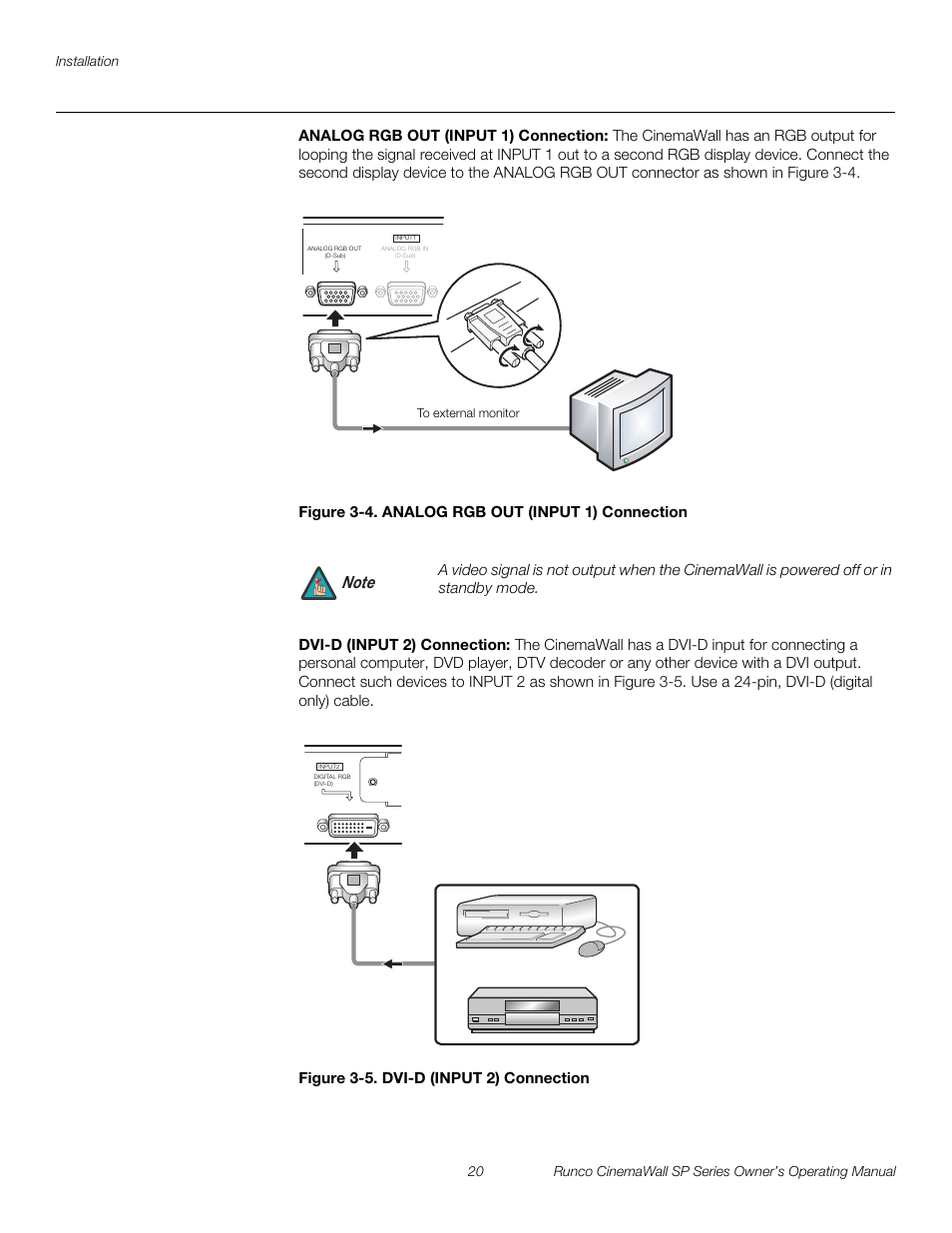 Analog rgb out (input 1) connection, Figure 3-4 . analog rgb out (input 1) connection, Dvi-d (input 2) connection | Figure 3-5 . dvi-d (input 2) connection, 4. analog rgb out (input 1) connection, 5. dvi-d (input 2) connection, Pre l iminar y | Runco SP-42 User Manual | Page 30 / 84