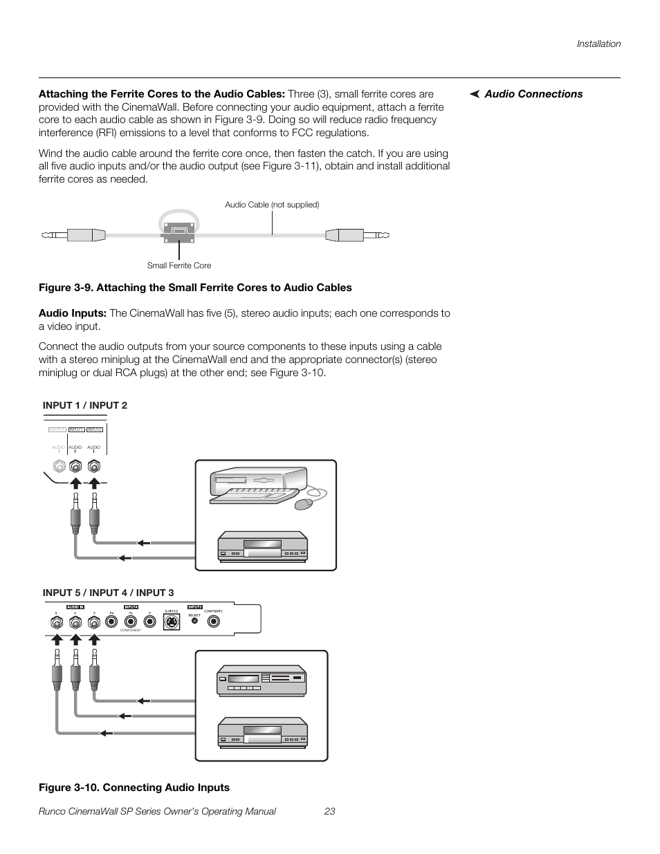 Audio connections, Attaching the ferrite cores to the audio cables, Audio inputs | Figure 3-10 . connecting audio inputs, Iminar, 10. connecting audio inputs, Pre l iminar y | Runco SP-42 User Manual | Page 33 / 84
