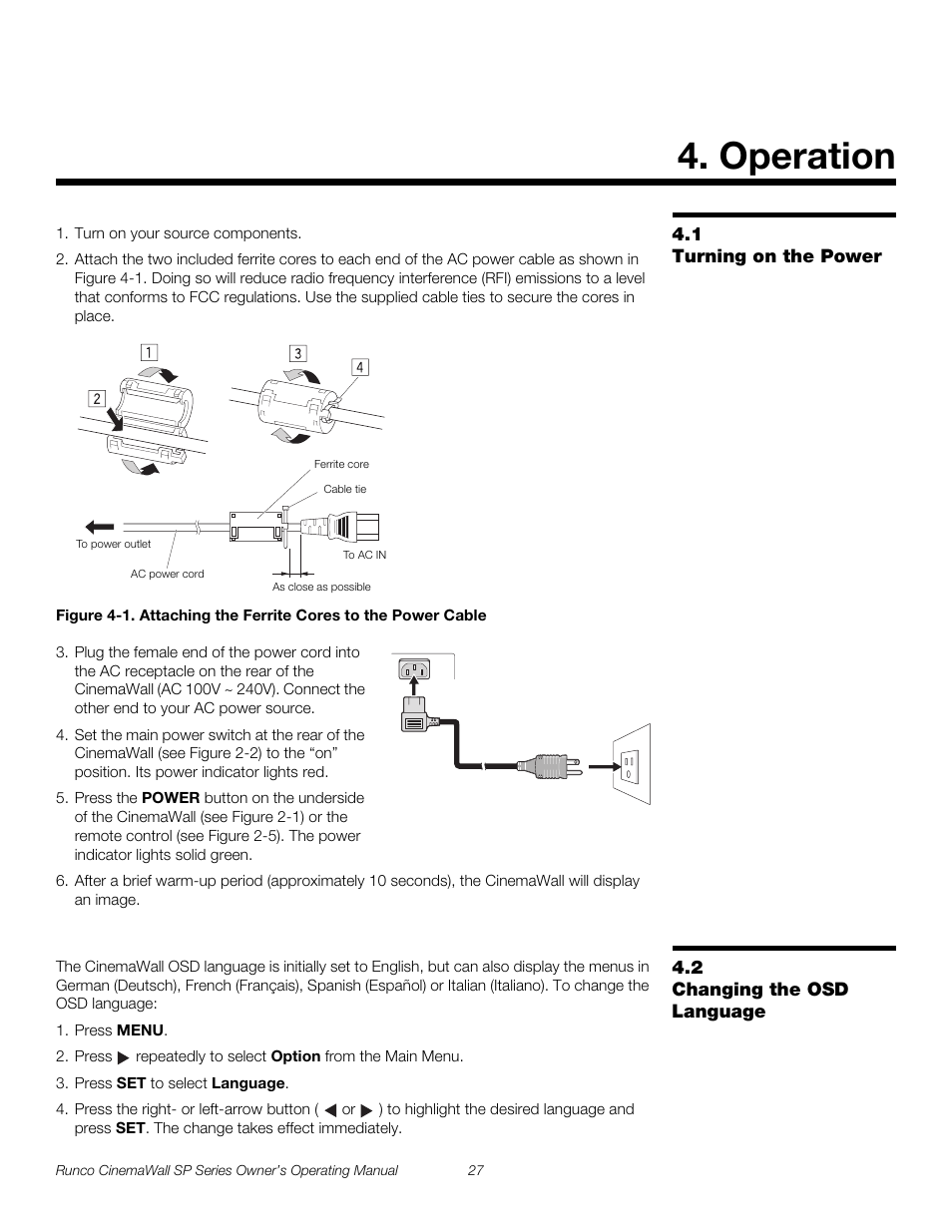 Operation, 1 turning on the power, 2 changing the osd language | Turning on the power, Changing the osd language, 1. attaching the ferrite cores to the power cable, Pre l iminar y | Runco SP-42 User Manual | Page 37 / 84