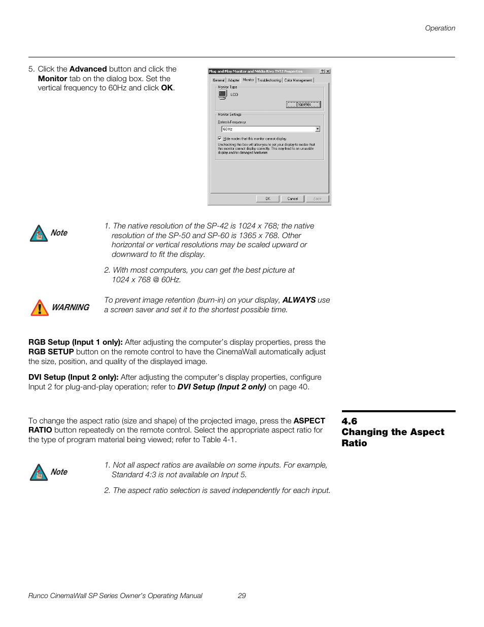 Rgb setup (input 1 only), Dvi setup (input 2 only), 6 changing the aspect ratio | Changing the aspect ratio, Pre l iminar y | Runco SP-42 User Manual | Page 39 / 84