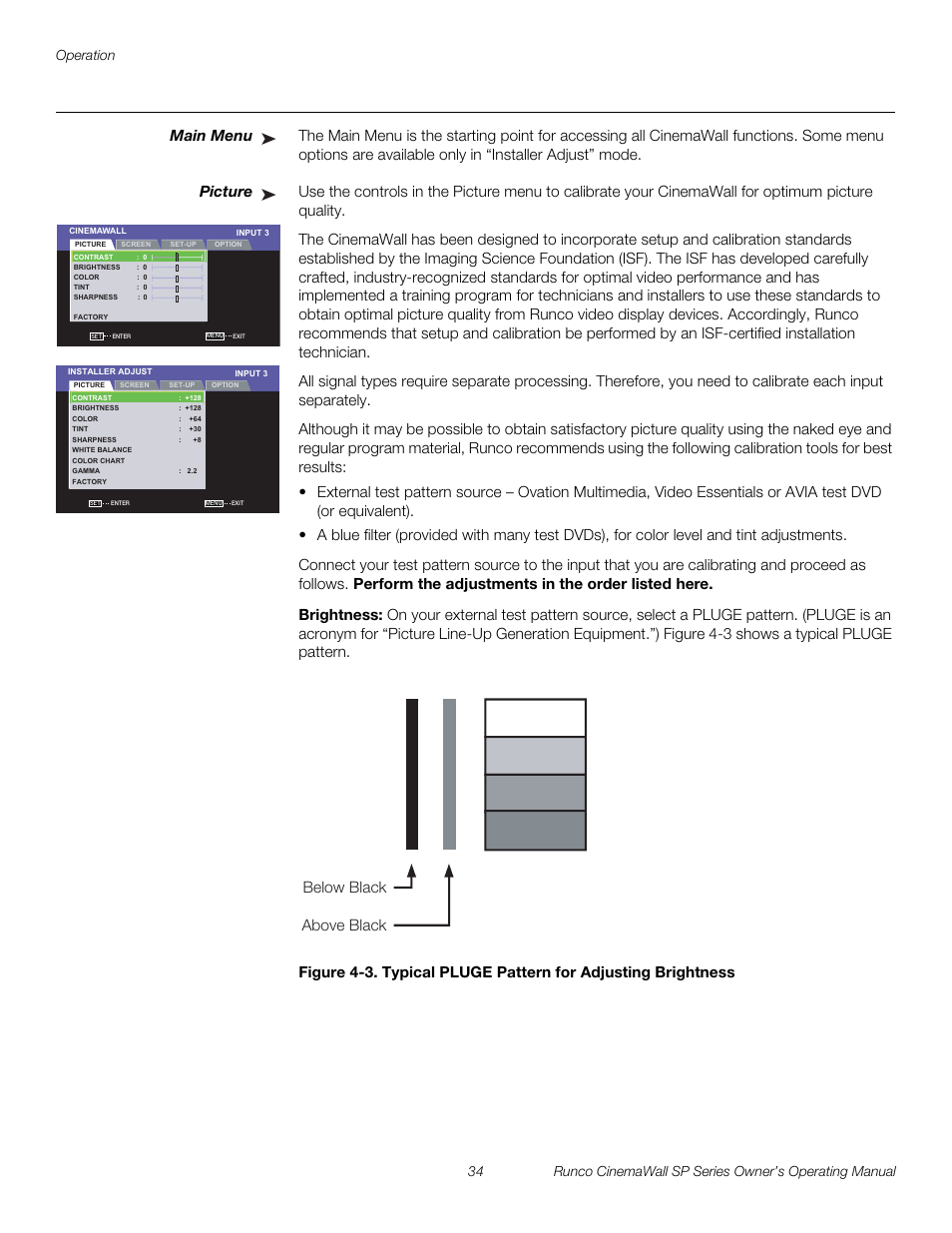 Main menu, Picture, Brightness | 3. typical pluge pattern for adjusting brightness, Pre l iminar y | Runco SP-42 User Manual | Page 44 / 84