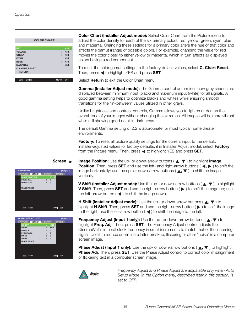Color chart (installer adjust mode), Gamma (installer adjust mode), Factory | Screen, Image position, V shift (installer adjust mode), H shift (installer adjust mode), Frequency adjust (input 1 only), Phase adjust (input 1 only), Pre l iminar y | Runco SP-42 User Manual | Page 48 / 84