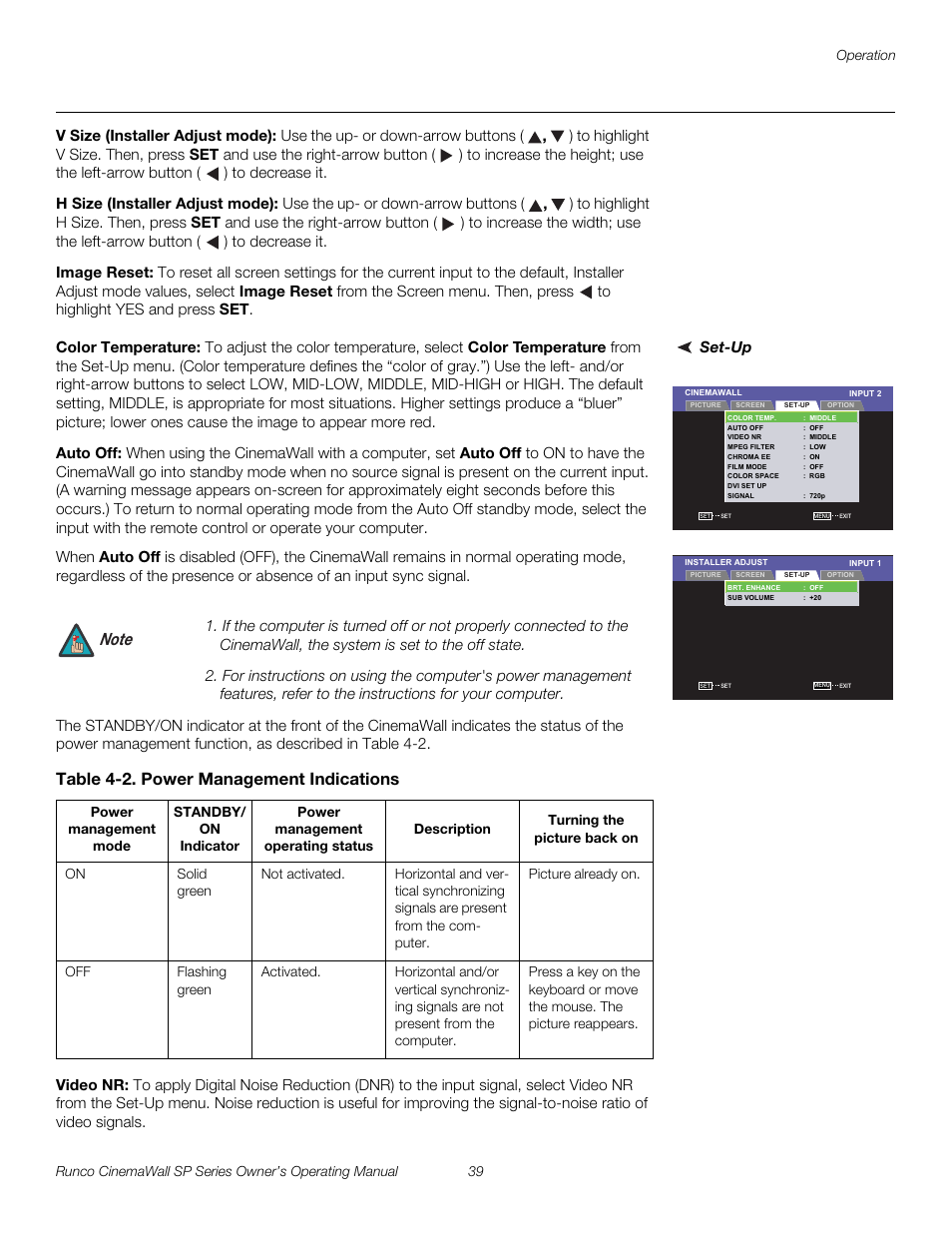 V size (installer adjust mode), H size (installer adjust mode), Image reset | Set-up, Color temperature, Auto off, Table 4-2 . power management indications, Video nr, Pre l iminar y | Runco SP-42 User Manual | Page 49 / 84