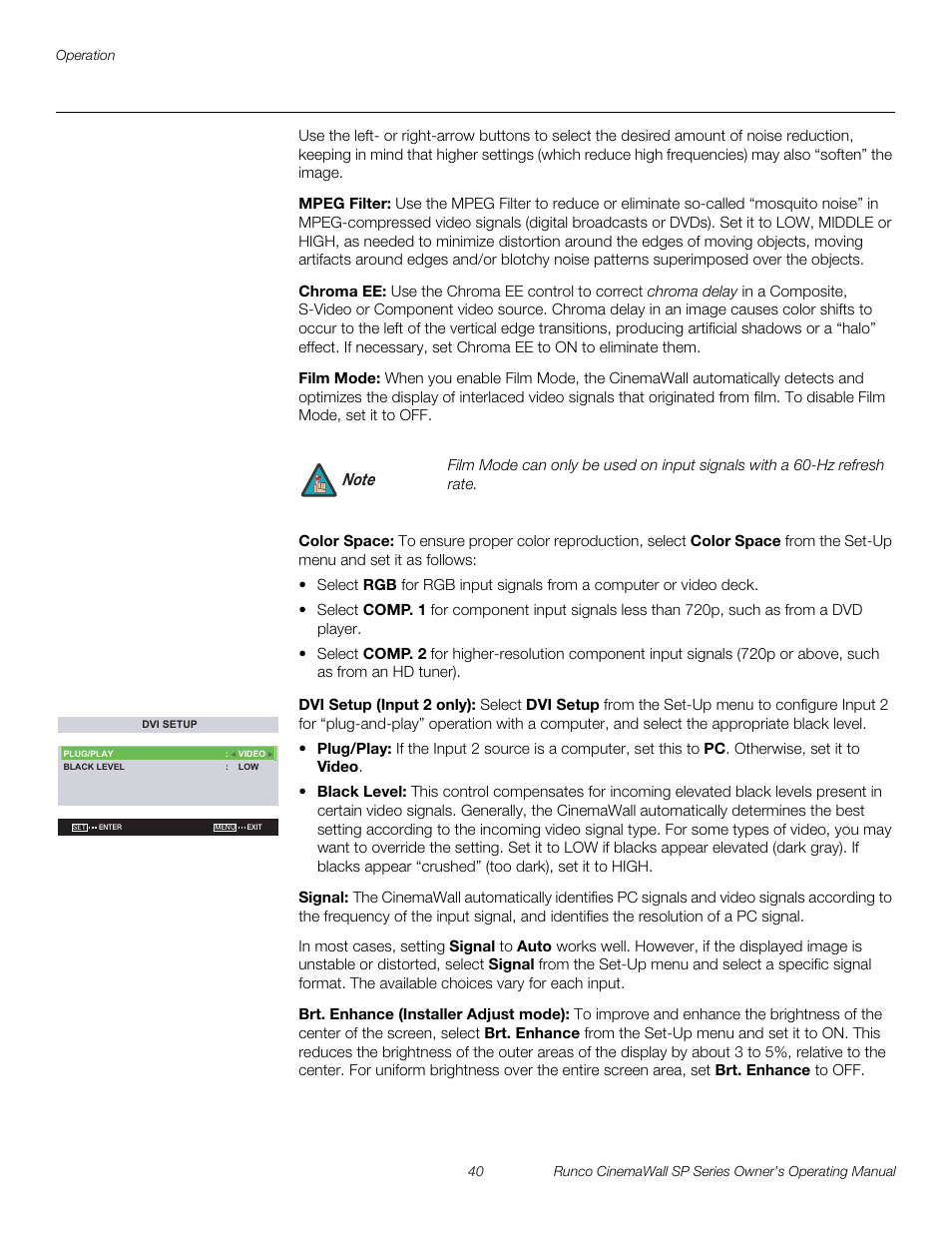 Mpeg filter, Chroma ee, Film mode | Color space, Dvi setup (input 2 only), Signal, Brt. enhance (installer adjust mode), H 40, Pre l iminar y | Runco SP-42 User Manual | Page 50 / 84