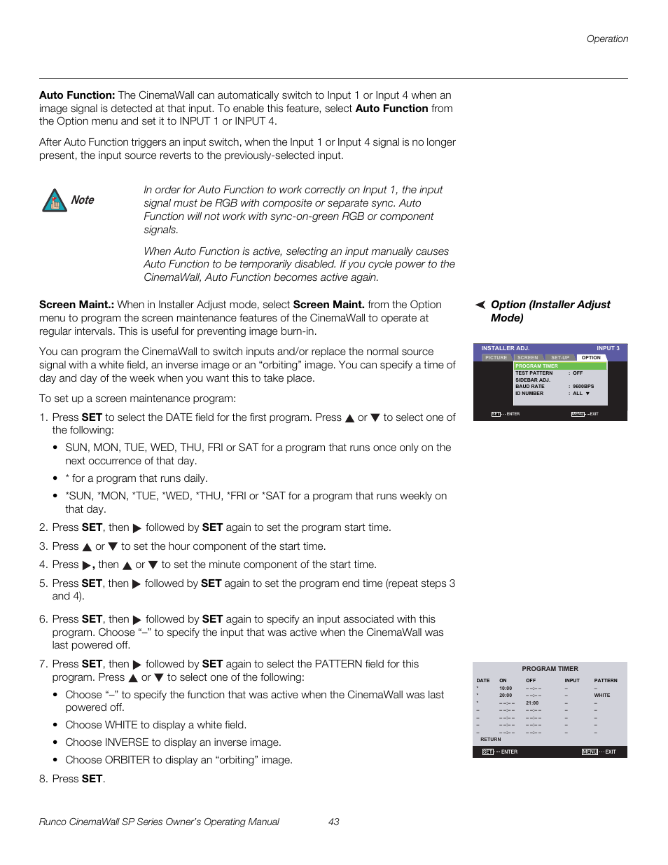 Auto function, Option (installer adjust mode), Screen maint | Pre l iminar y | Runco SP-42 User Manual | Page 53 / 84