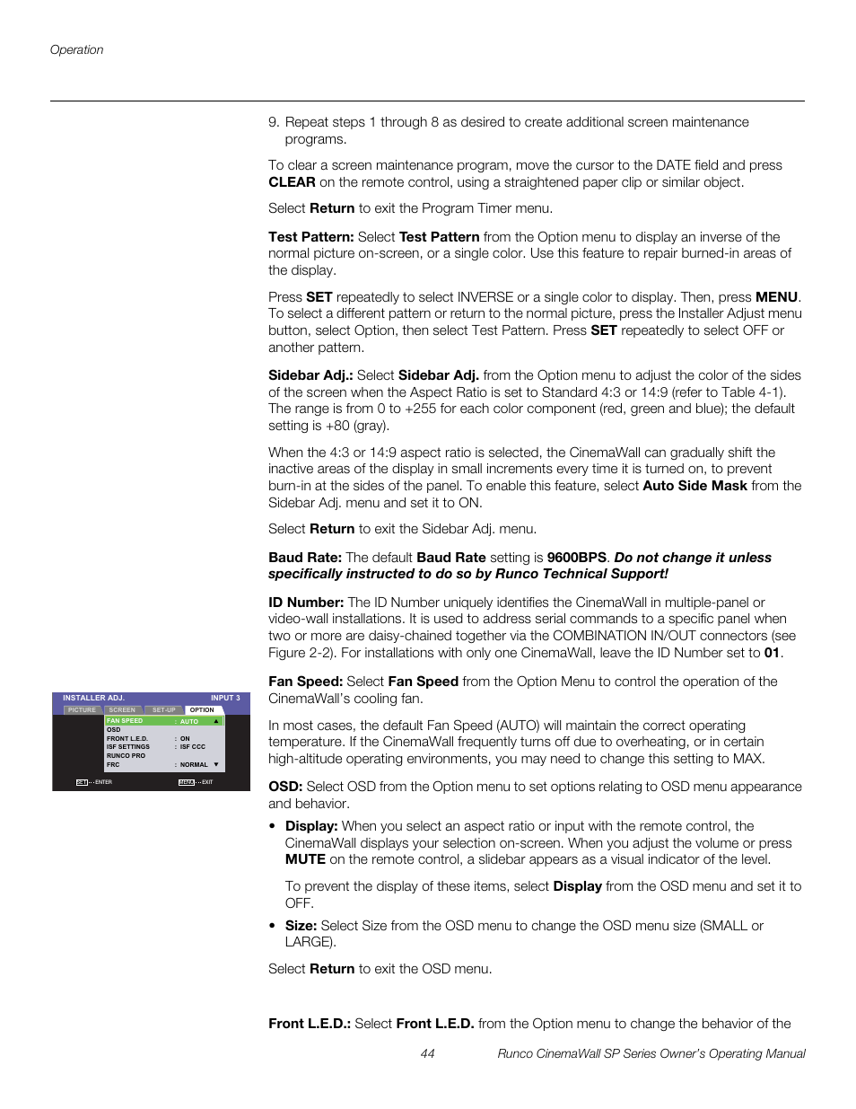 Test pattern, Sidebar adj, Baud rate | Id number, Fan speed, Front l.e.d, Pre l iminar y | Runco SP-42 User Manual | Page 54 / 84