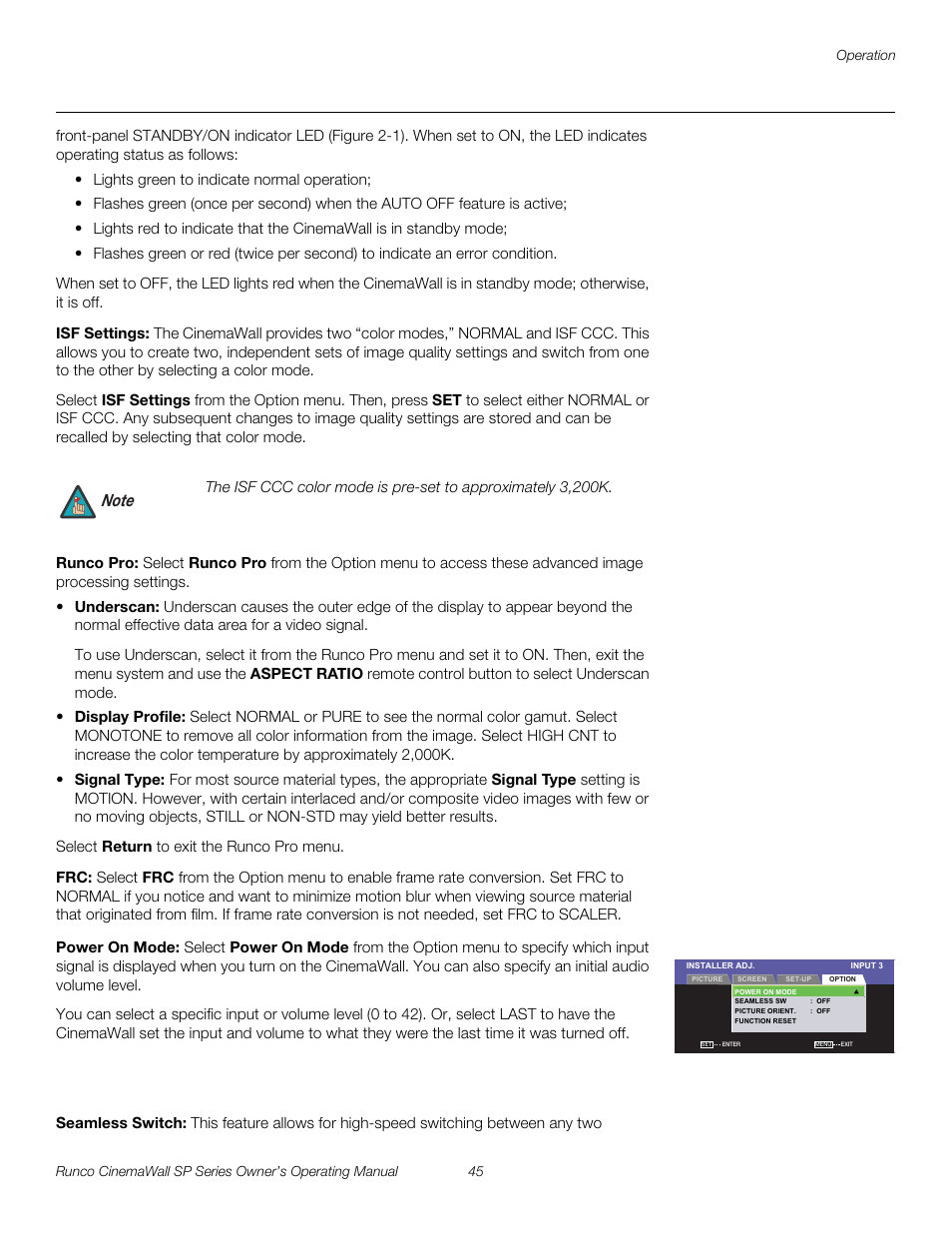 Isf settings, Runco pro, Power on mode | Seamless switch, Pre l iminar y | Runco SP-42 User Manual | Page 55 / 84