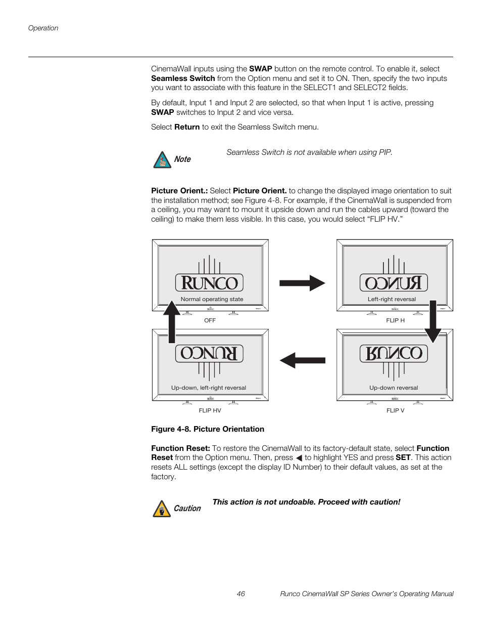 Picture orient, Figure 4-8 . picture orientation, Function reset | 8. picture orientation, Pre l iminar y | Runco SP-42 User Manual | Page 56 / 84