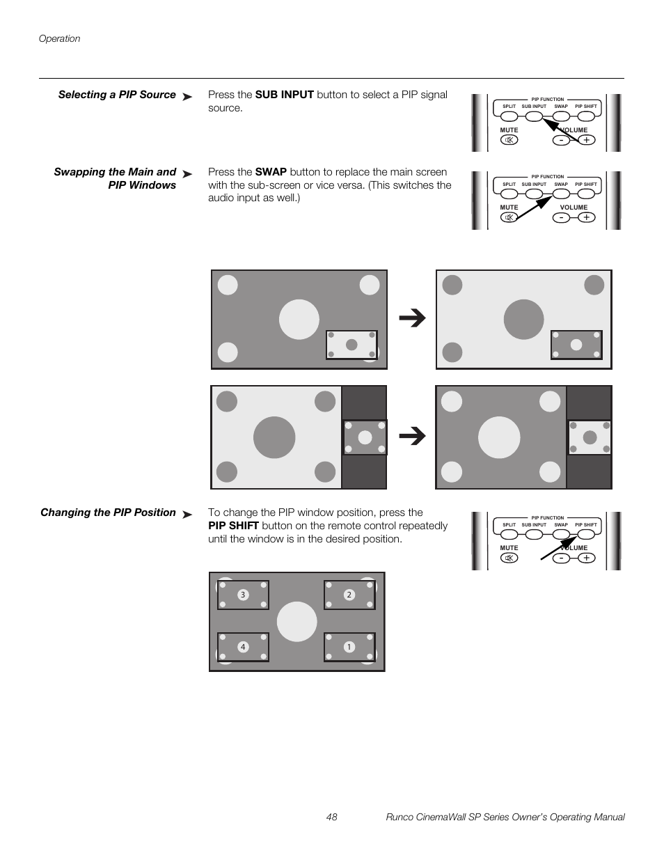 Selecting a pip source, Swapping the main and pip windows, Changing the pip position | Iminar, Pre l iminar y | Runco SP-42 User Manual | Page 58 / 84
