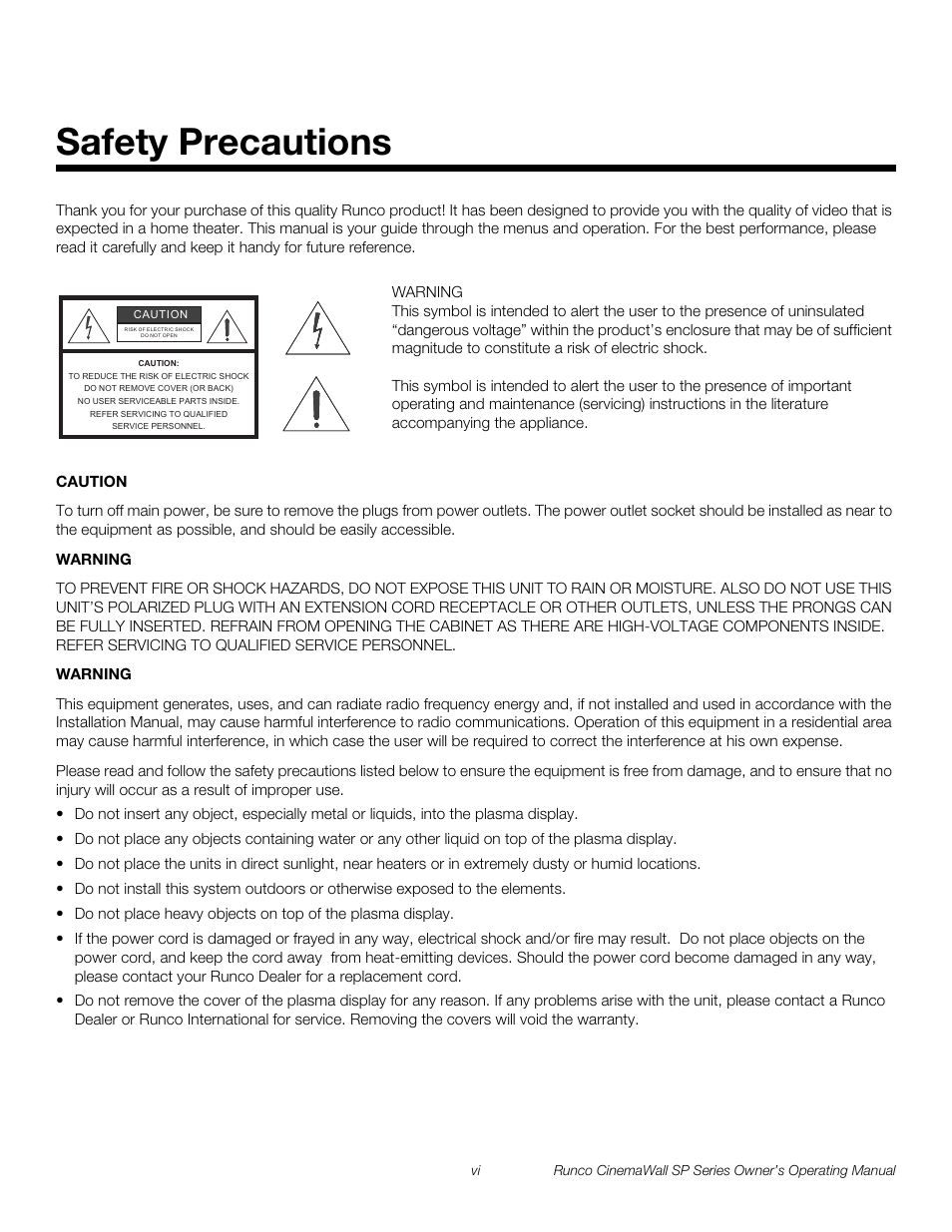 Safety precautions, Pre l iminar y | Runco SP-42 User Manual | Page 6 / 84