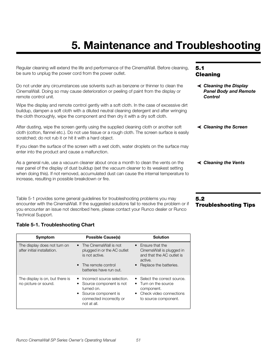Maintenance and troubleshooting, 1 cleaning, Cleaning the display panel body and remote control | Cleaning the screen, Cleaning the vents, 2 troubleshooting tips, Table 5-1 . troubleshooting chart, Cleaning, Troubleshooting tips, Pre l iminar y | Runco SP-42 User Manual | Page 61 / 84