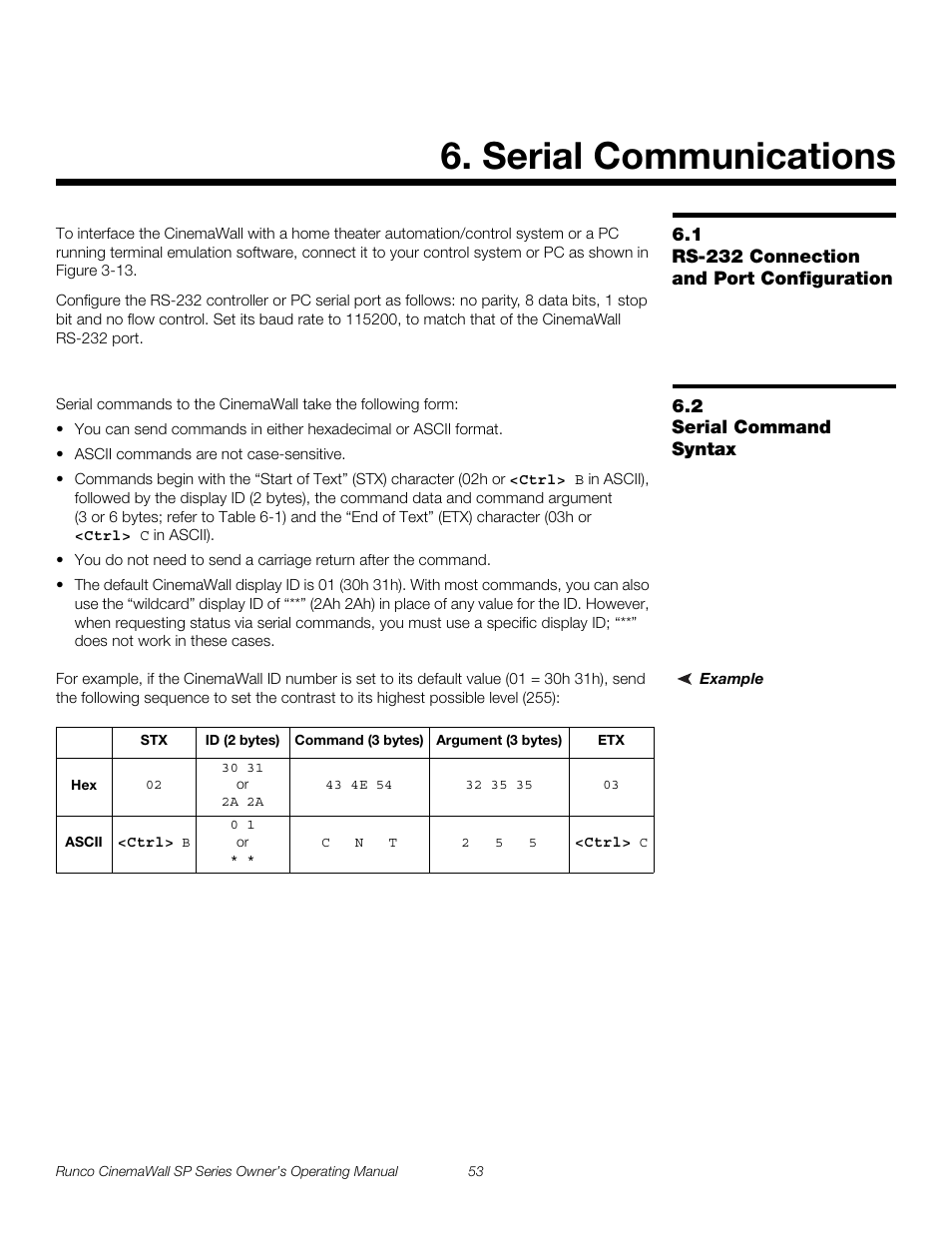 Serial communications, 1 rs-232 connection and port configuration, 2 serial command syntax | Example, Rs-232 connection and port configuration, Serial command syntax, Pre l iminar y | Runco SP-42 User Manual | Page 63 / 84