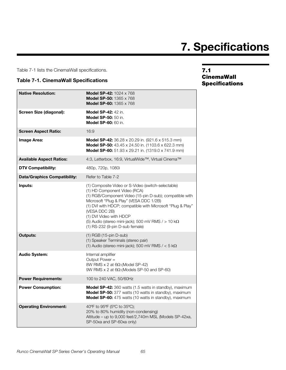 Specifications, 1 cinemawall specifications, Table 7-1 . cinemawall specifications | Cinemawall specifications, Pre l iminar y | Runco SP-42 User Manual | Page 75 / 84