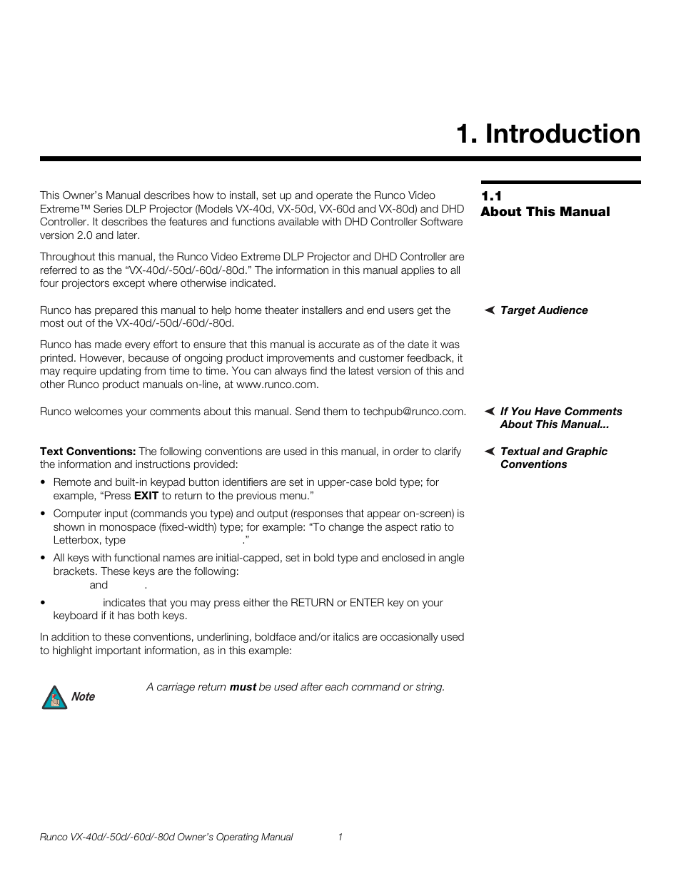 Introduction, 1 about this manual, Target audience | If you have comments about this manual, Textual and graphic conventions, Text conventions, About this manual, Pre l iminar y | Runco VX-40d User Manual | Page 13 / 108