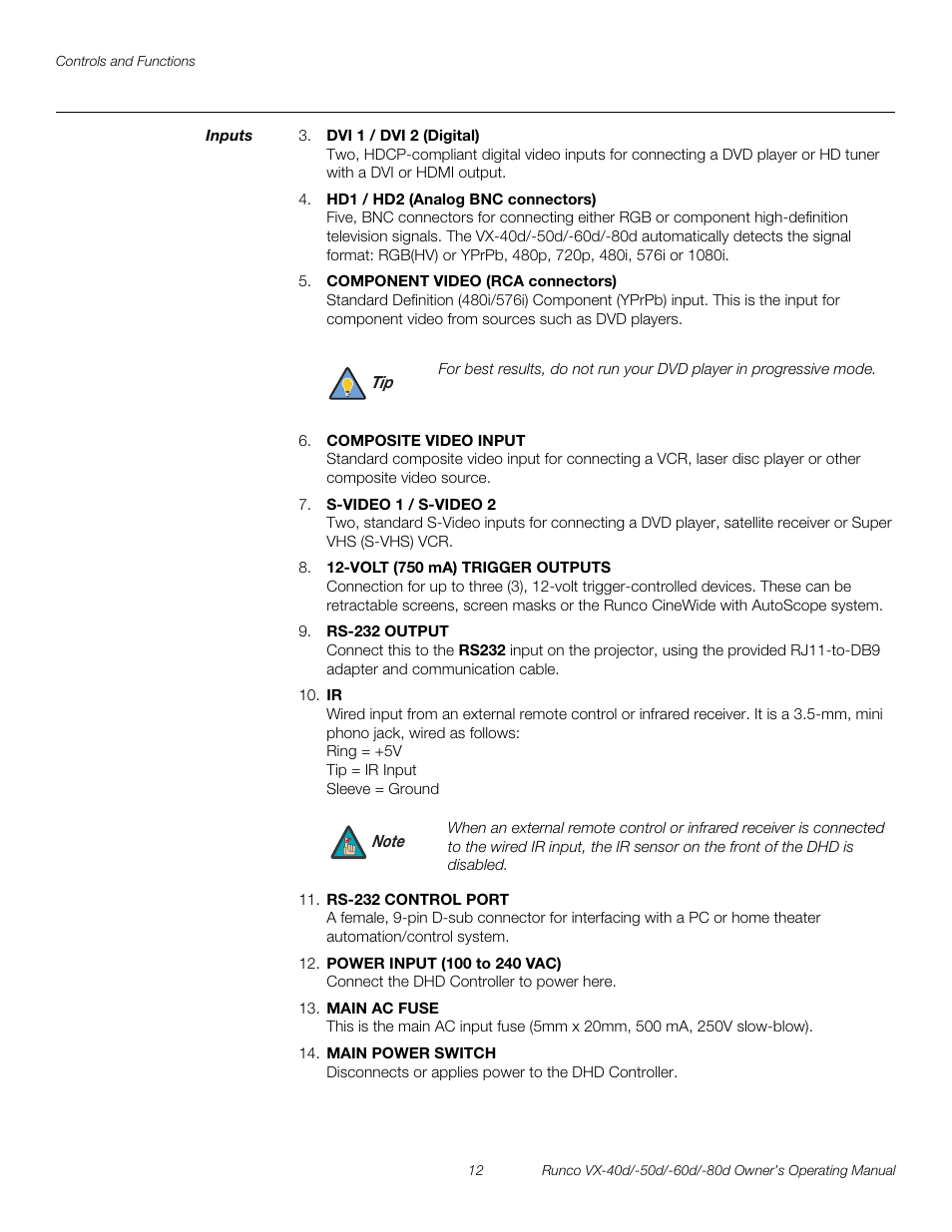 Inputs, Pre l iminar y | Runco VX-40d User Manual | Page 24 / 108