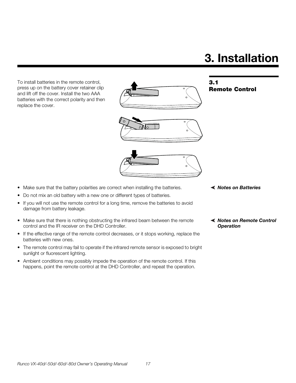 Installation, 1 remote control, Notes on batteries | Notes on remote control operation, Remote control, Pre l iminar y | Runco VX-40d User Manual | Page 29 / 108