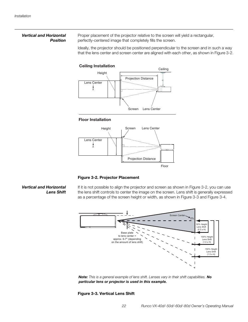 Vertical and horizontal position, Figure 3-2 . projector placement, Vertical and horizontal lens shift | Figure 3-3 . vertical lens shift, 2. projector placement, 3. vertical lens shift, Pre l iminar y | Runco VX-40d User Manual | Page 34 / 108