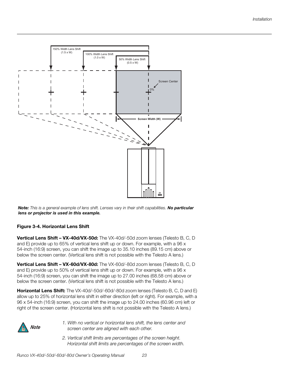 Figure 3-4 . horizontal lens shift, Vertical lens shift - vx-40d/vx-50d, Vertical lens shift - vx-60d/vx-80d | Horizontal lens shift, 4. horizontal lens shift, Figure 3-4, Pre l iminar y | Runco VX-40d User Manual | Page 35 / 108