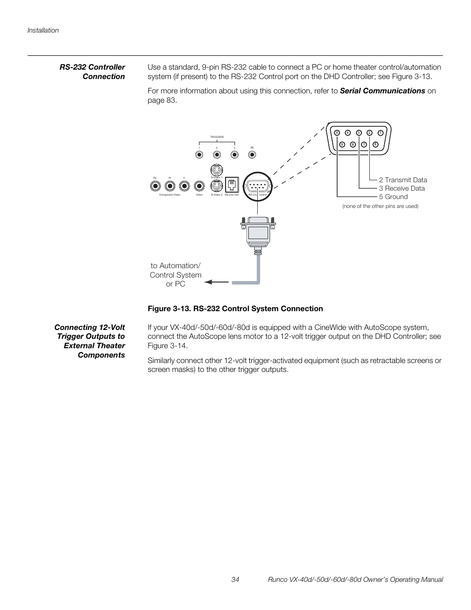 Rs-232 controller connection, Figure 3-13 . rs-232 control system connection, 13. rs-232 control system connection | Pre l iminar y | Runco VX-40d User Manual | Page 46 / 108