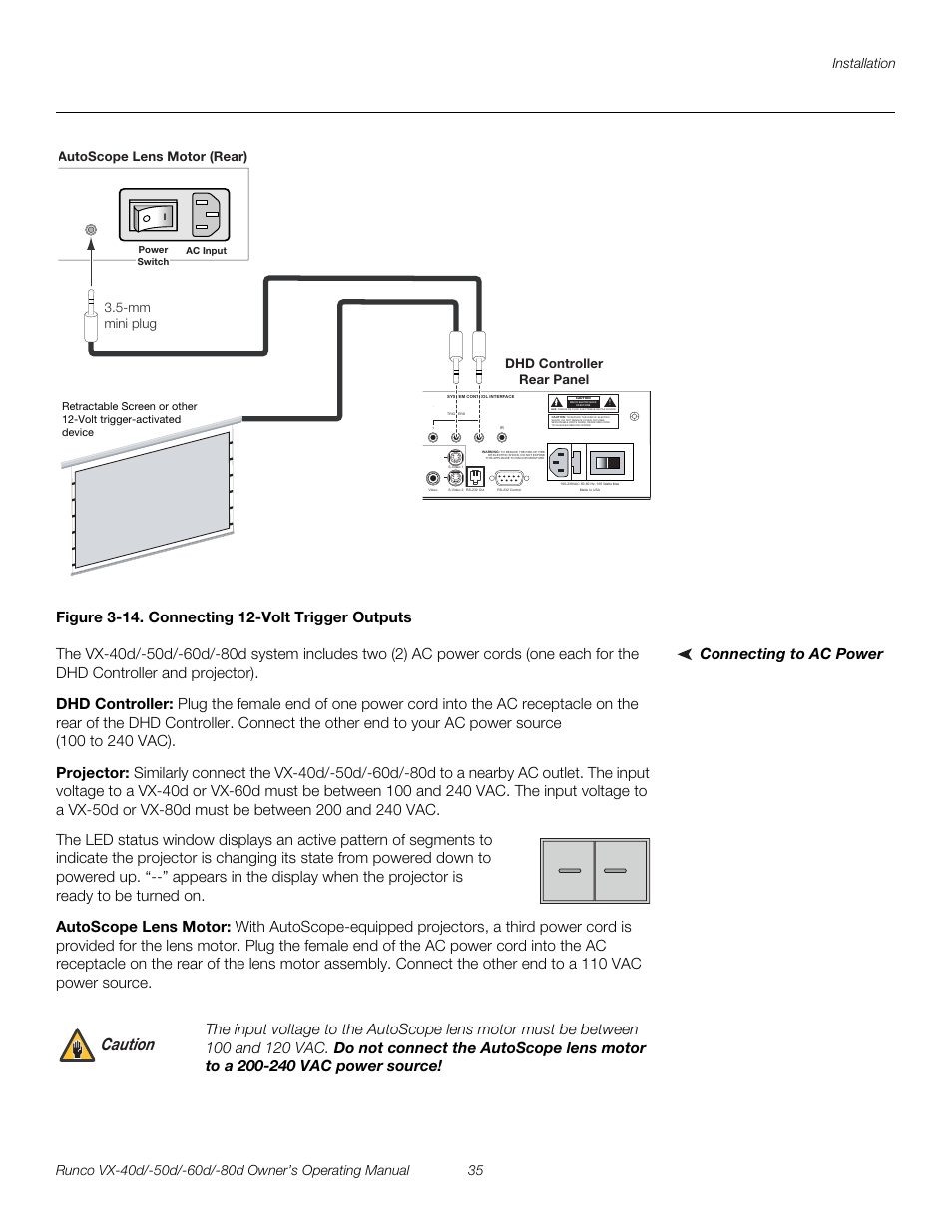 Figure 3-14 . connecting 12-volt trigger outputs, Connecting to ac power, Dhd controller | Projector, Autoscope lens motor, 14. connecting 12-volt trigger outputs, Figure 3-14, Pre l iminar y, Caution | Runco VX-40d User Manual | Page 47 / 108