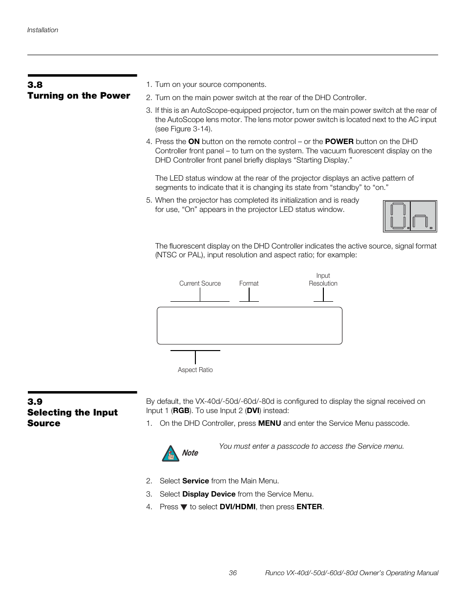 8 turning on the power, 9 selecting the input source, Turning on the power | Selecting the input source, Pre l iminar y | Runco VX-40d User Manual | Page 48 / 108